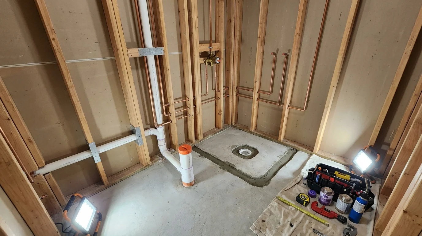 Bathroom rough-in plumbing during remodel by Johns Plumbing LLC in Novato