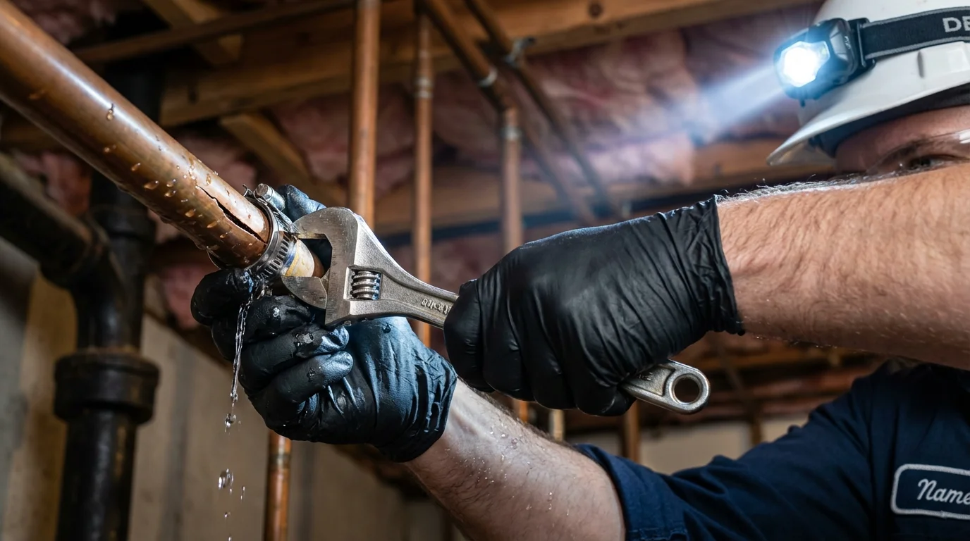 Emergency pipe clamp repair being performed by a Johns Plumbing LLC plumber in Novato