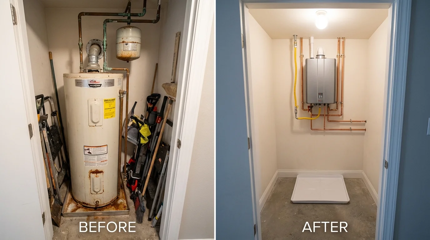 Tank water heater versus wall-mounted tankless unit comparison for Novato, CA homeowners